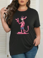 Kadın Tişört Pembe Panter Baskılı Bisiklet Yaka Kısa Kol T-shirt - Beyaz
