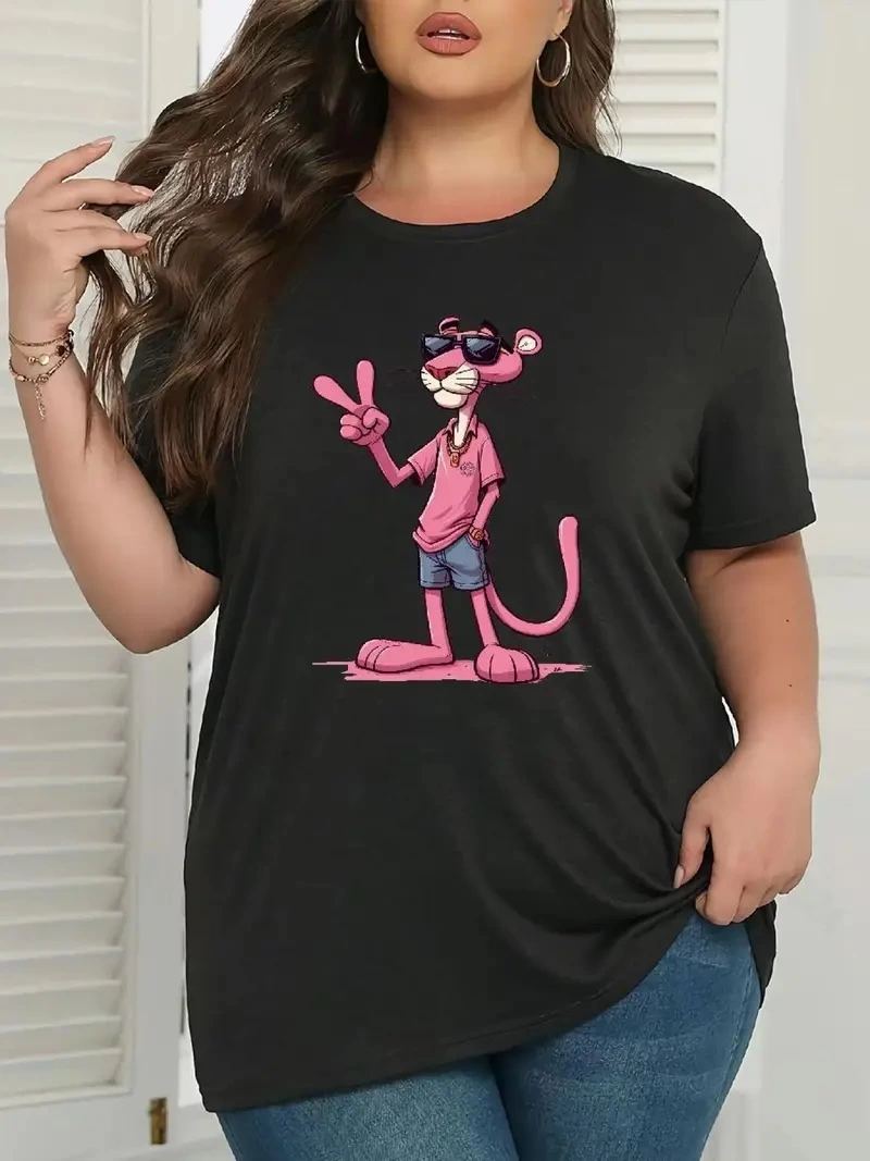 Kadın Tişört Pembe Panter Baskılı Bisiklet Yaka Kısa Kol T-shirt - Beyaz