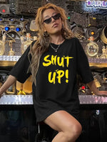 Kadın Tişört Shut up Baskılı Bisiklet Yaka Kısa Kol T-shirt - Siyah