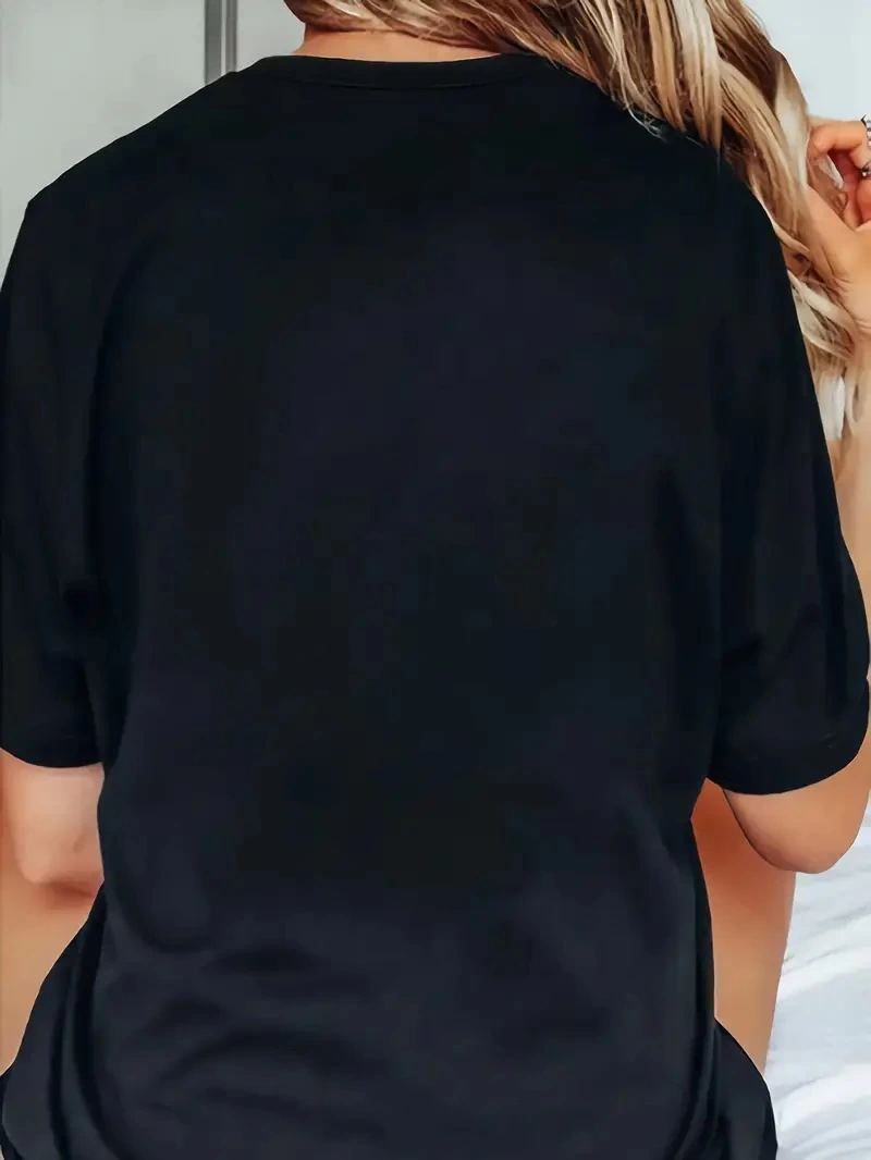 Kadın Kısa Kol Yazlık Tişört Bisiklet Yaka Baskılı Oversize T-Shirt - Siyah