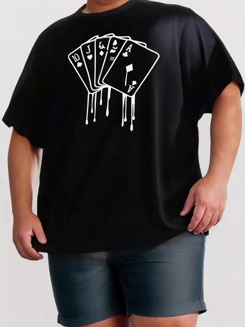 Erkek Kısa Kol Yazlık Tişört Bisiklet Yaka KART Baskılı T-Shirt - Siyah