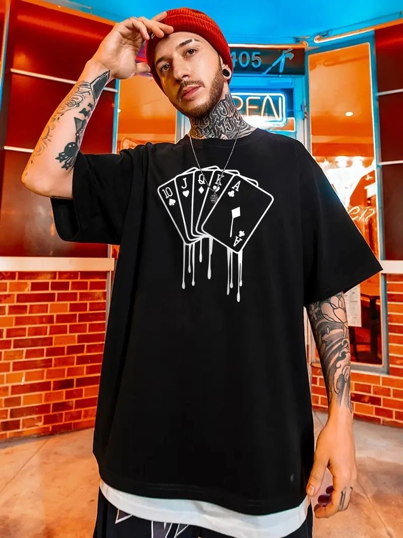 Erkek Kısa Kol Yazlık Tişört Bisiklet Yaka KART Baskılı T-Shirt - Siyah