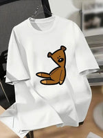 Kadın Tişört Bisiklet yaka Ayı Baskılı yazlık Kısa Kol T-shirt - Beyaz