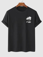 Erkek Kısa Kol Yazlık Tişört Bisiklet Yaka Palmiye Baskılı T-Shirt - Siyah