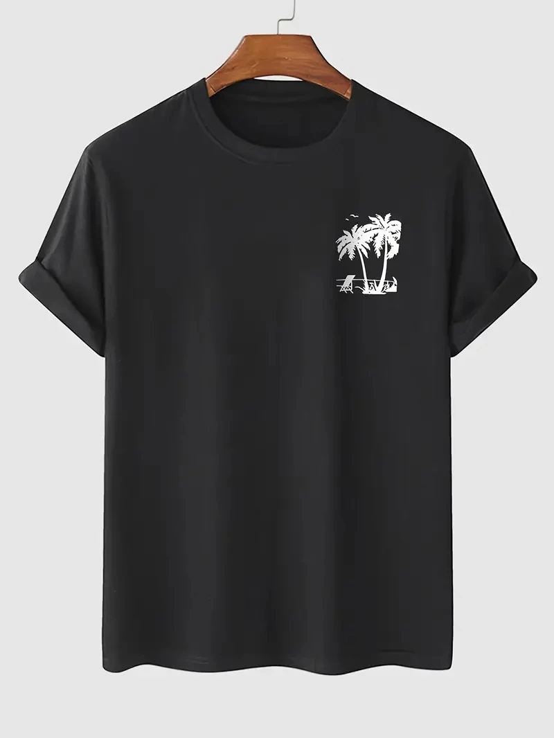 Erkek Kısa Kol Yazlık Tişört Bisiklet Yaka Palmiye Baskılı T-Shirt - Siyah