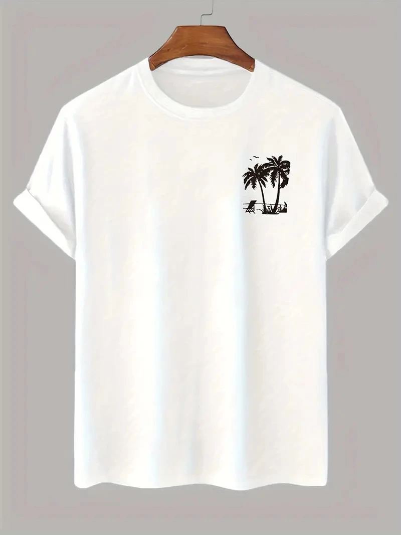 Erkek Kısa Kol Yazlık Tişört Bisiklet Yaka Palmiye Baskılı T-Shirt - Beyaz