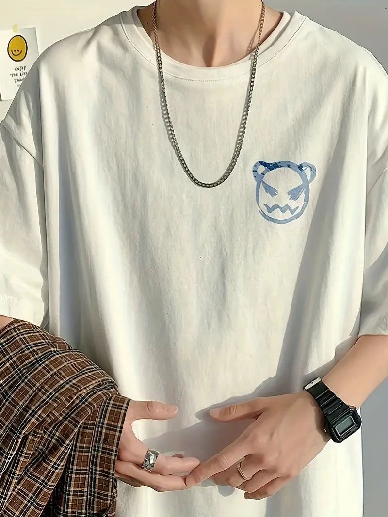Erkek Tişört Bisiklet Yaka Kore sevimli ayı baskı Kısa Kol T-Shirt  - Beyaz