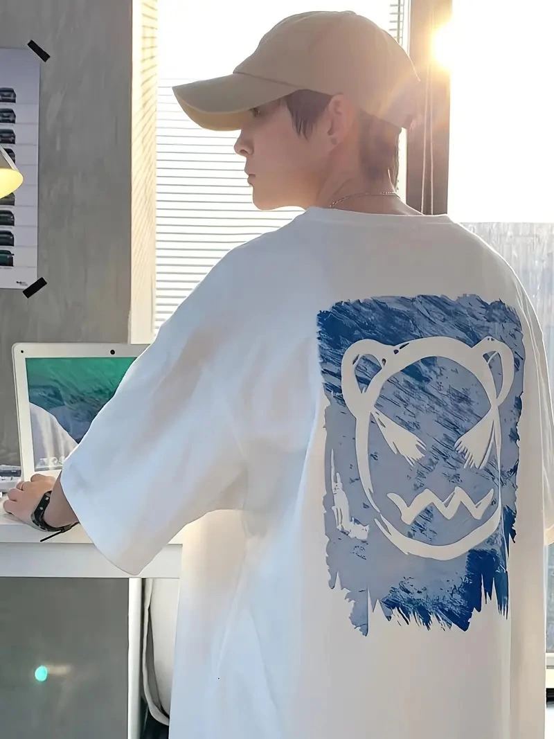 Erkek Tişört Bisiklet Yaka Kore sevimli ayı baskı Kısa Kol T-Shirt  - Beyaz