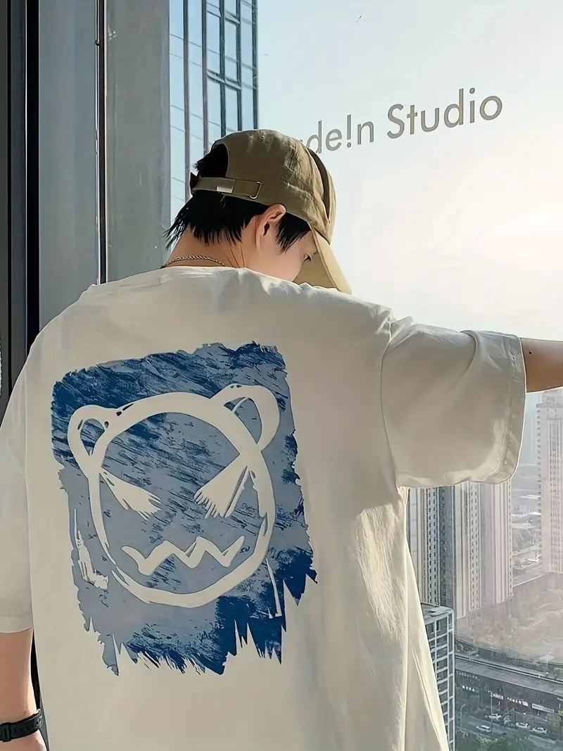 Erkek Tişört Bisiklet Yaka Kore sevimli ayı baskı Kısa Kol T-Shirt  - Beyaz