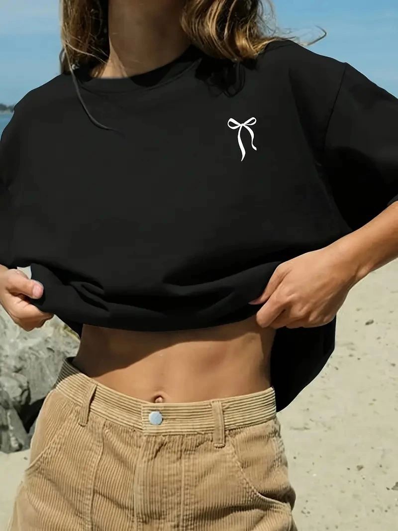 Kadın Tişört fiyonk baskılı Bisiklet yaka yazlık Kısa Kol oversize t-shirt - Siyah