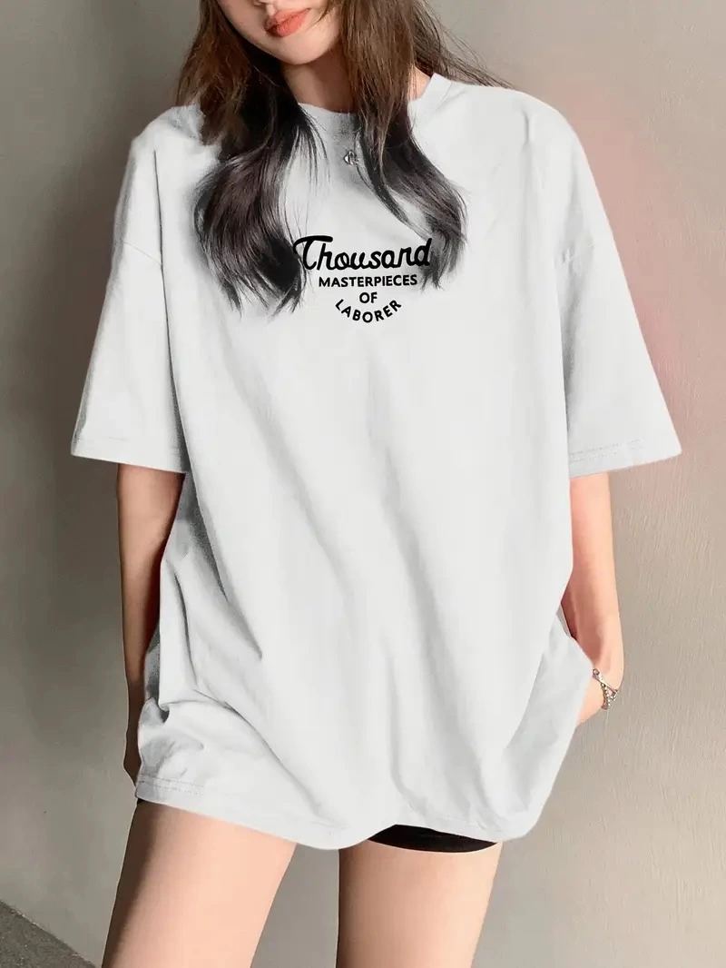 Kadın Baskılı Tişört Bisiklet yaka yazlık Kısa Kol oversize t-shirt - Beyaz