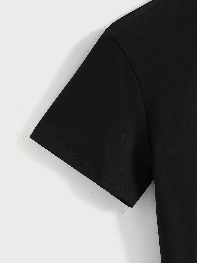 Kadın Baskılı Tişört Kısa Kol Bisiklet Yaka T-shirt - Siyah