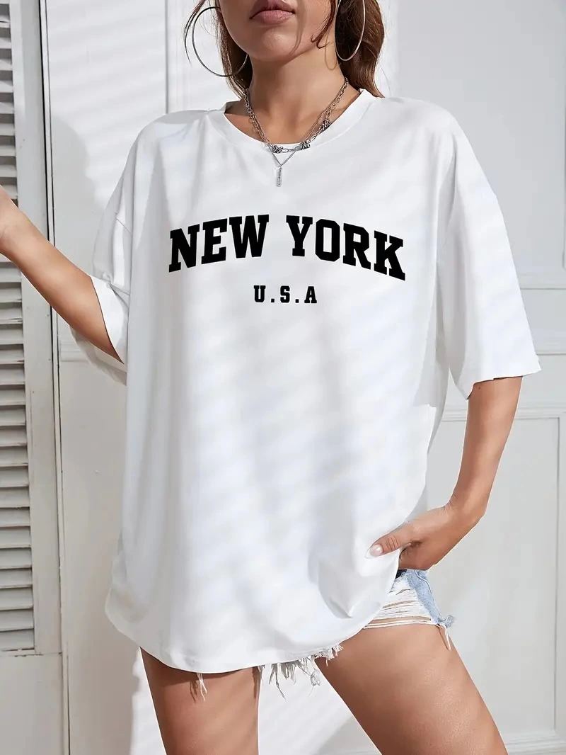 Kadın New York Baskılı Tişort Kısa Kol Bisiklet Yaka T-shirt - Beyaz