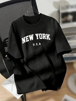 kadın New York Baskılı Tişört Kısa Kol Bisiklet Yaka T-shirt - Siyah
