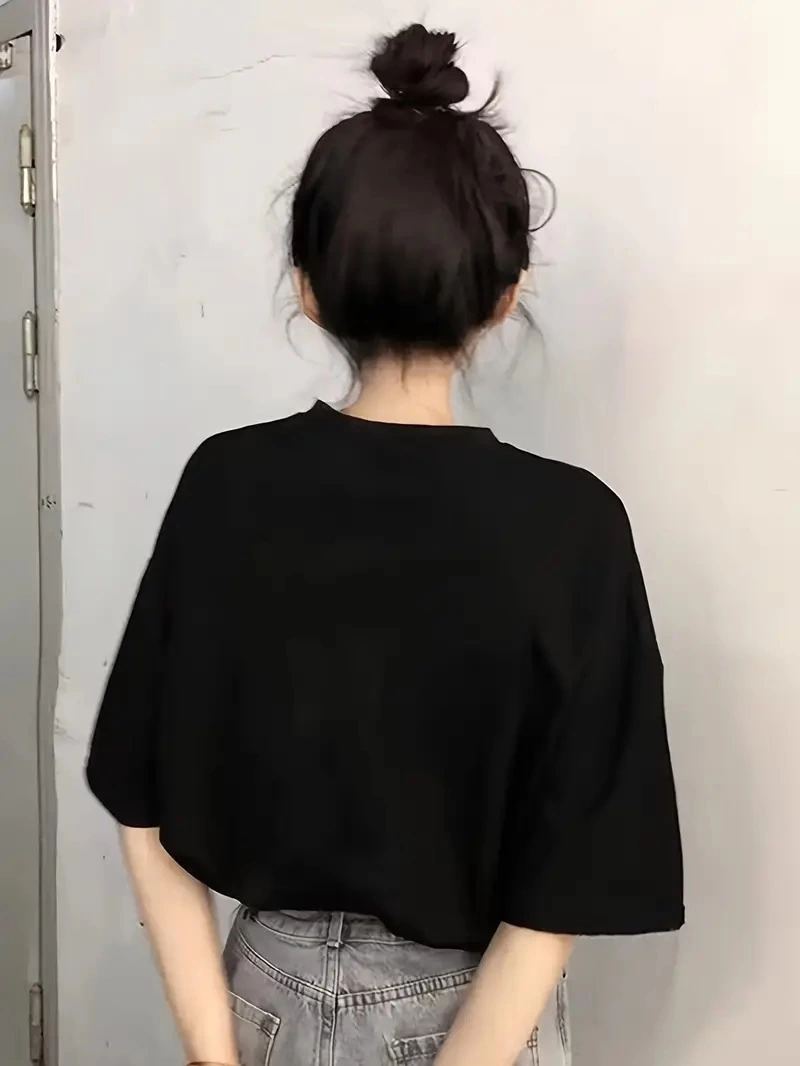 Kadın Kısa Kol Yazlık Tişört Bisiklet Yaka Baskılı Oversize T-Shirt - Siyah
