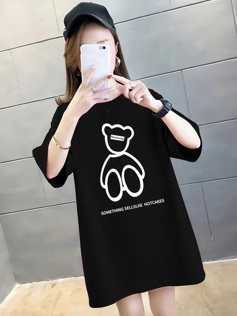 Kadın Tişört Penye Compack Baskılı Oversize Bisiklet Yaka T-shirt - Siyah