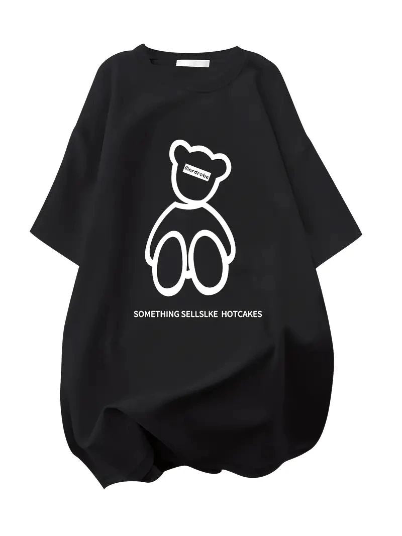 Kadın Tişört Penye Compack Baskılı Oversize Bisiklet Yaka T-shirt - Siyah