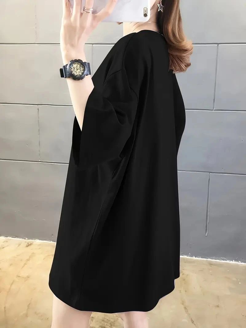Kadın Tişört Penye Compack Baskılı Oversize Bisiklet Yaka T-shirt - Siyah
