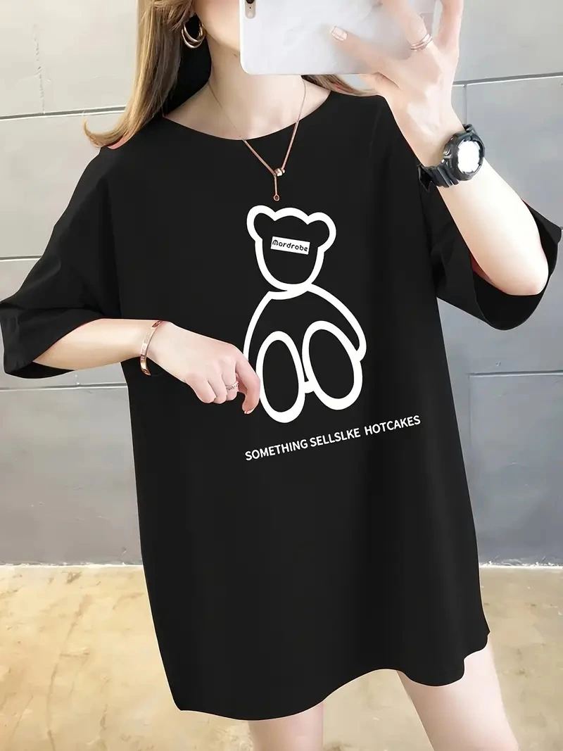 Kadın Tişört Penye Compack Baskılı Oversize Bisiklet Yaka T-shirt - Siyah