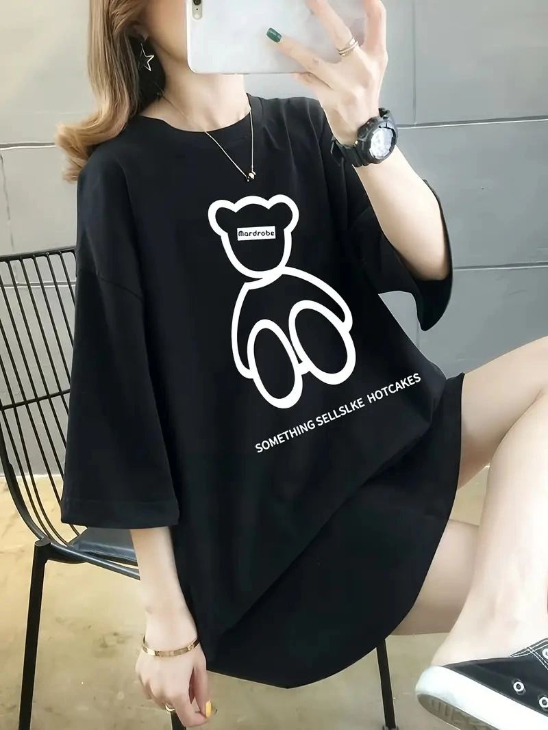 Kadın Tişört Penye Compack Baskılı Oversize Bisiklet Yaka T-shirt - Siyah