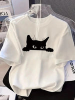 Kadınlar için Siyah Kedi Grafik Tişört - Oversize Kısa Kollu Üst Nefes Alabilir - Beyaz