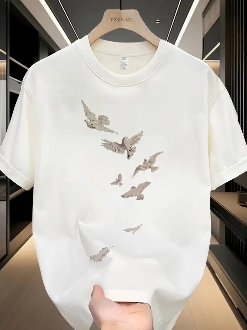 ERKEK Bisiklet yaka Tişört Özgür kuşlar Baskılı kısa kol T-shirt - Beyaz