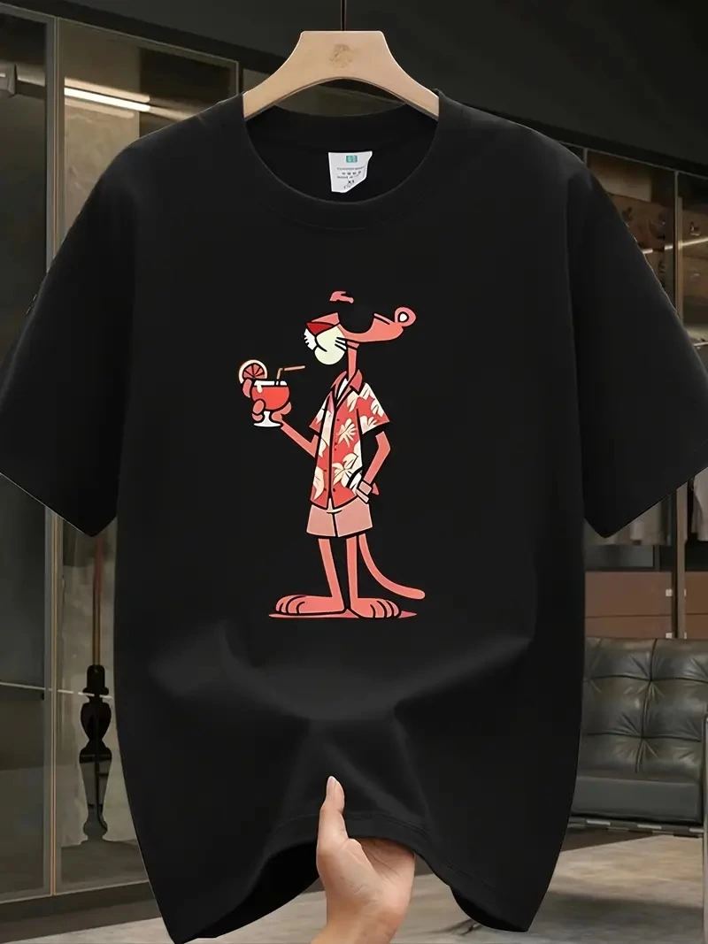 Erkek T-Shirt Pembe Panter Baskılı Kısa Kollu Tişört - Siyah