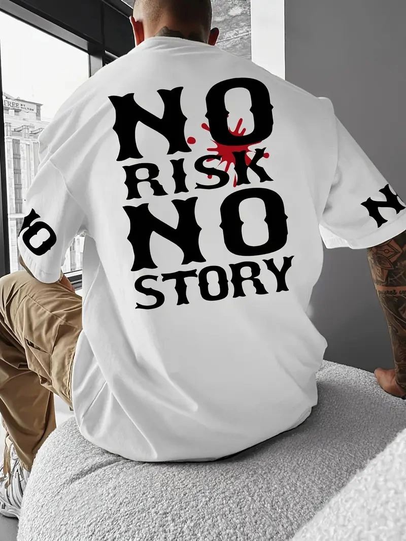 ERKEK T-Shirt  No Risk No Story Baskılı Bisiklet Yaka Tişört - Beyaz