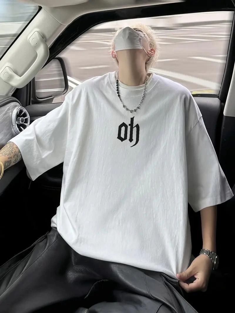 Erkek Kısa Kol Yazlık Tişört Bisiklet Yaka Baskılı Oversize T-Shirt - Beyaz