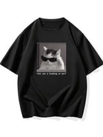 Erkek T-Shirt Komik Kedi Baskılı kısa kol Tişört - Siyah