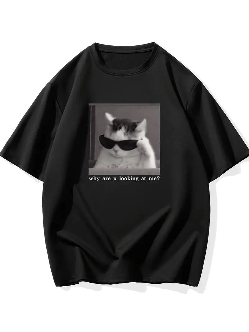 Erkek T-Shirt Komik Kedi Baskılı kısa kol Tişört - Siyah