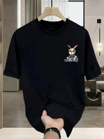 Erkek T-shirt Tavşan Baskılı Kısa Kollu Tişört - Siyah