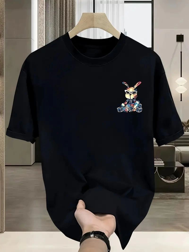Erkek T-shirt Tavşan Baskılı Kısa Kollu Tişört - Siyah