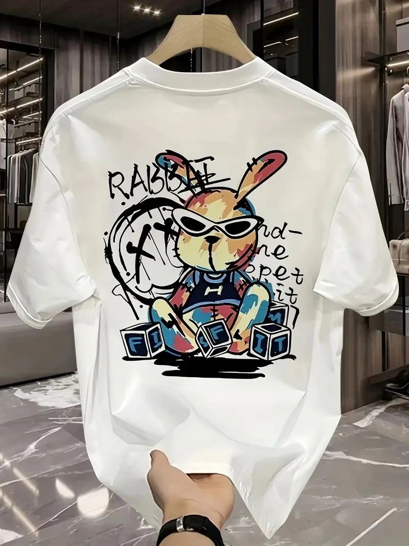 Erkek T-shirt Tavşan Baskılı Kısa Kollu Tişört - Beyaz