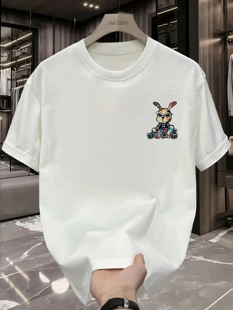 Erkek T-shirt Tavşan Baskılı Kısa Kollu Tişört - Beyaz