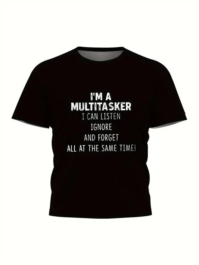 Erkek T-shirt Komik 'Multitasker' Baskılı Kısa kol Tişört - Siyah