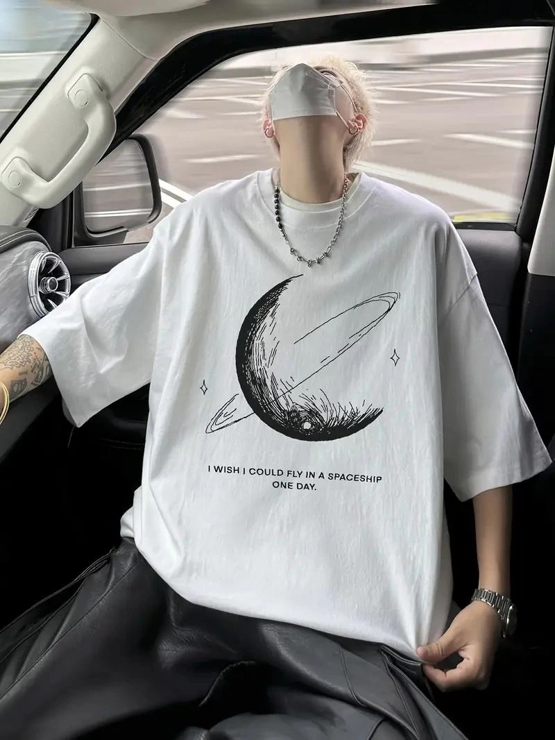 Erkek Baskılı Tişört Kısa Kol Bisiklet Yaka Oversize T-Shirt - Beyaz