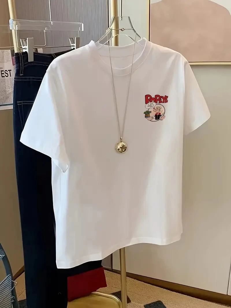 Erkek T-Shirt Oversize Kısa kol Tişört Popeye Baskılı - Beyaz