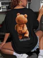 Kadın Tişört Büyük Boy Ayıcık Baskılı Bisiklet Kısa kol t-shirt - Siyah