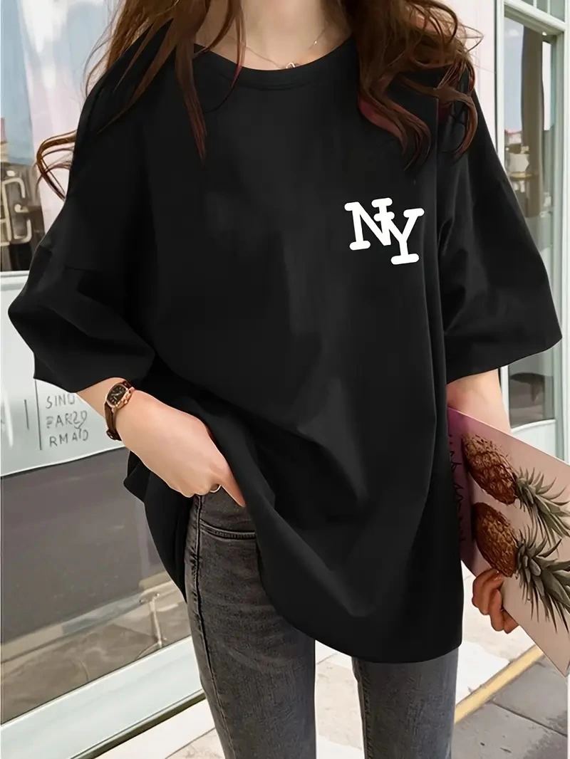 Kadın T-shirt Bisiklet yaka  NY Baskılı kısa kol Tişört - Siyah