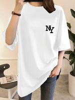 Kadın T-shirt Eğlenceli Harf NY Baskılı Bisiklet Yaka Tişört - Beyaz