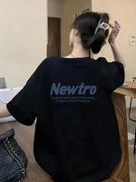 Kadın Tişört Newtro Baskılı Oversize Bisiklet Yaka T-shirt - Siyah