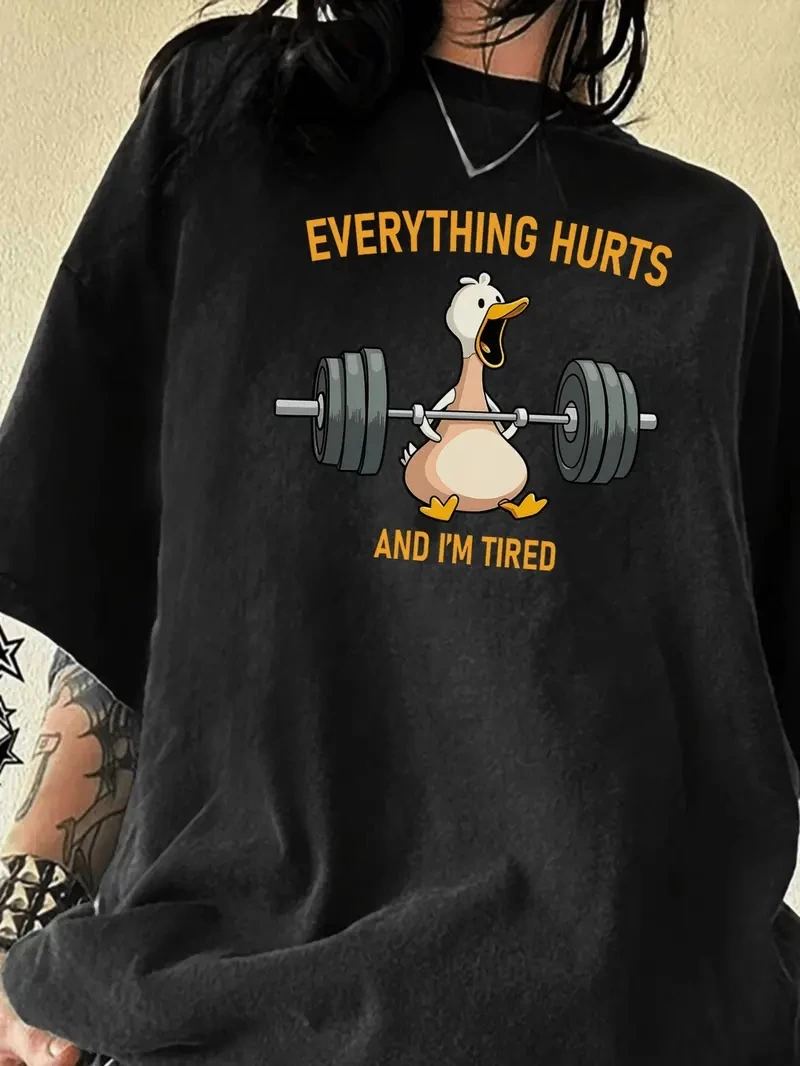 Kadın T-Shirt Ördek Baskılı Bisiklet Yakalı Kısa kol Tişört - Siyah