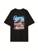 Kadın Kısa Kol Yazlık Tişört Bisiklet Yaka Okyanus Baskılı T-Shirt - Siyah