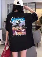 Kadın Kısa Kol Yazlık Tişört Bisiklet Yaka Okyanus Baskılı T-Shirt - Siyah