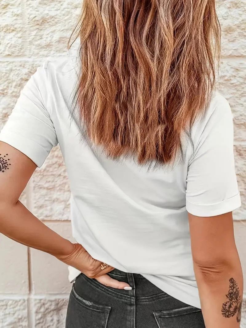 Kadın Kalp Baskılı T-Shirt Kısa Kol Bisiklet Yaka Oversize Rahat Kalıp Günlük Tişört - Beyaz