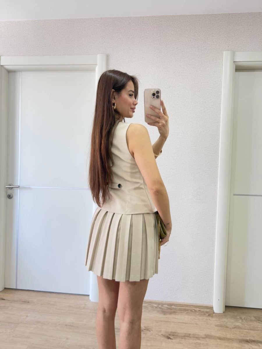 Kadın Keten Takım Görünümlü Düğme Detaylı Yelekli Mini Elbise - Bej