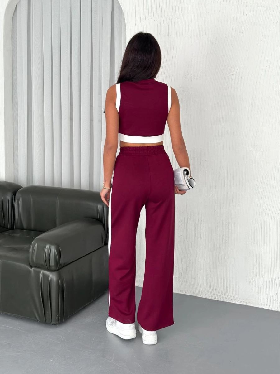 Kadın Osy Modal Yumuşak Dokulu Kumaş Tam Fermuarlı Crop Pantolon İkili Takım - Bordo