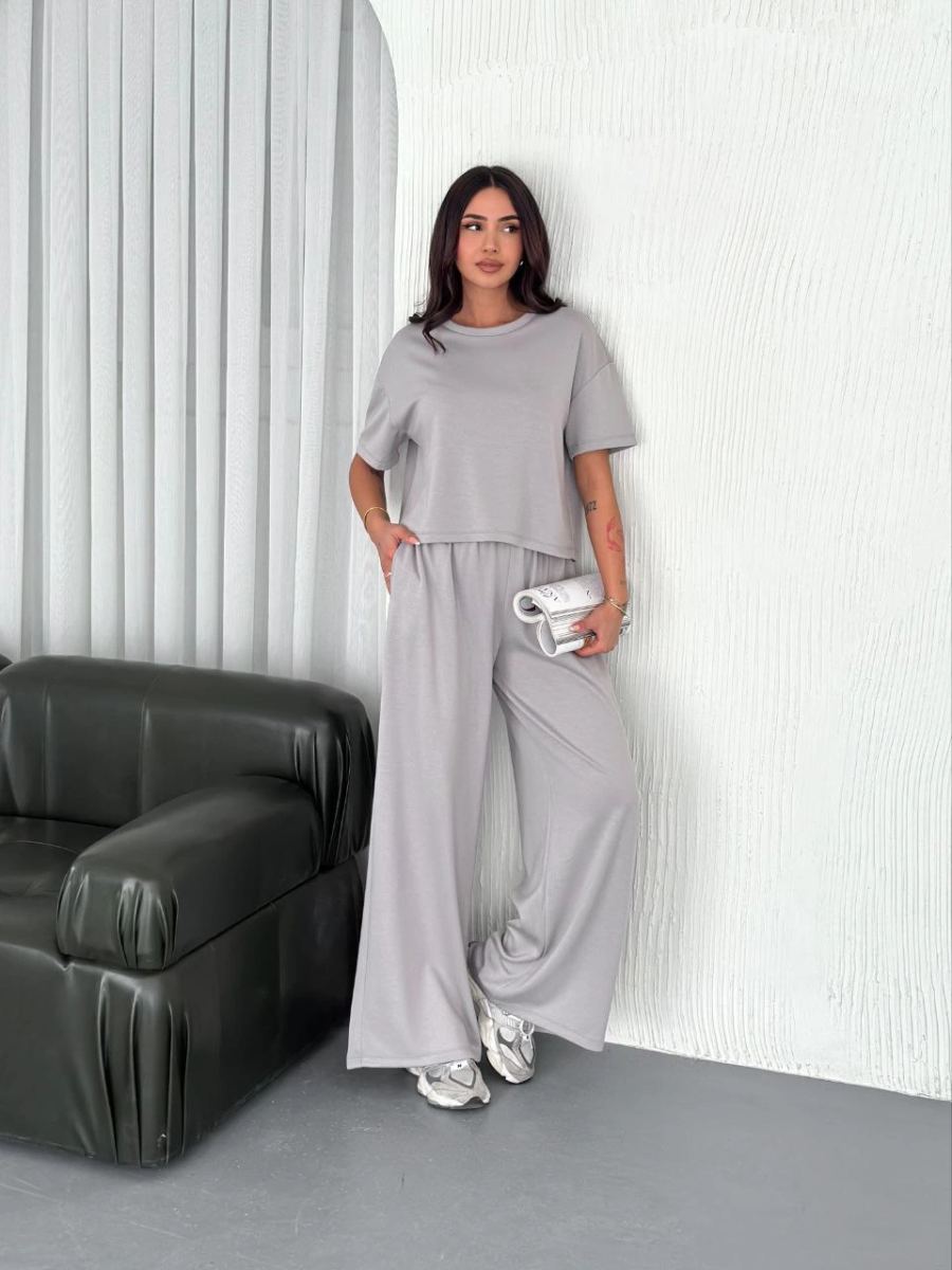 Kadın Osy Modal Yumuşak Kumaş Bisiklet Yaka T-shirt Bol paça Pantolon ikili Takım - Boyalı Gri