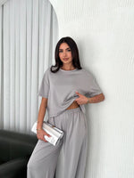 Kadın Osy Modal Yumuşak Kumaş Bisiklet Yaka T-shirt Bol paça Pantolon ikili Takım - Boyalı Gri